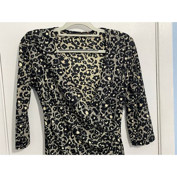 Y2k Vintage Dress Small Faux Wrap Black Gold Whimsygoth 3/4 Sleeve Office Siren - Picture 2 of 6